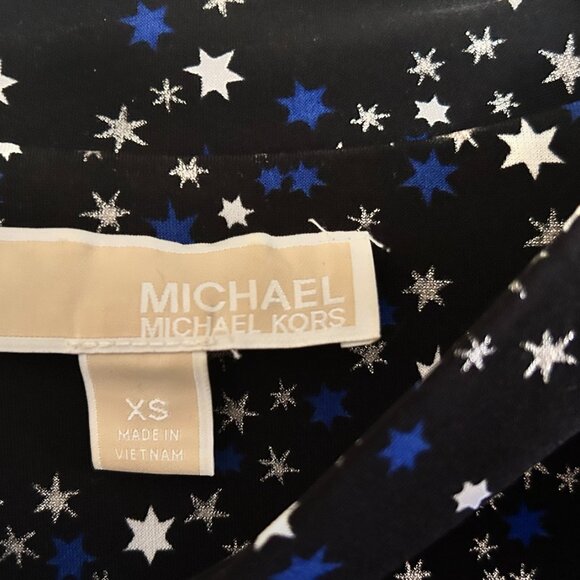 Michael Kors, black dress w blue/silver Star Foil pattern Chain Fringe tie, XS - Picture 7 of 9